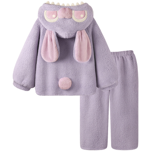 Pinksea珊瑚绒睡衣女款冬季加绒加厚可爱卡通2026新款家居服紫色