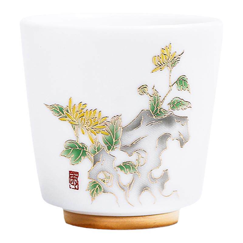 瑞峰窑白瓷素烧羊脂玉主人杯单个茶杯陶瓷杯大容量手工描金可定制