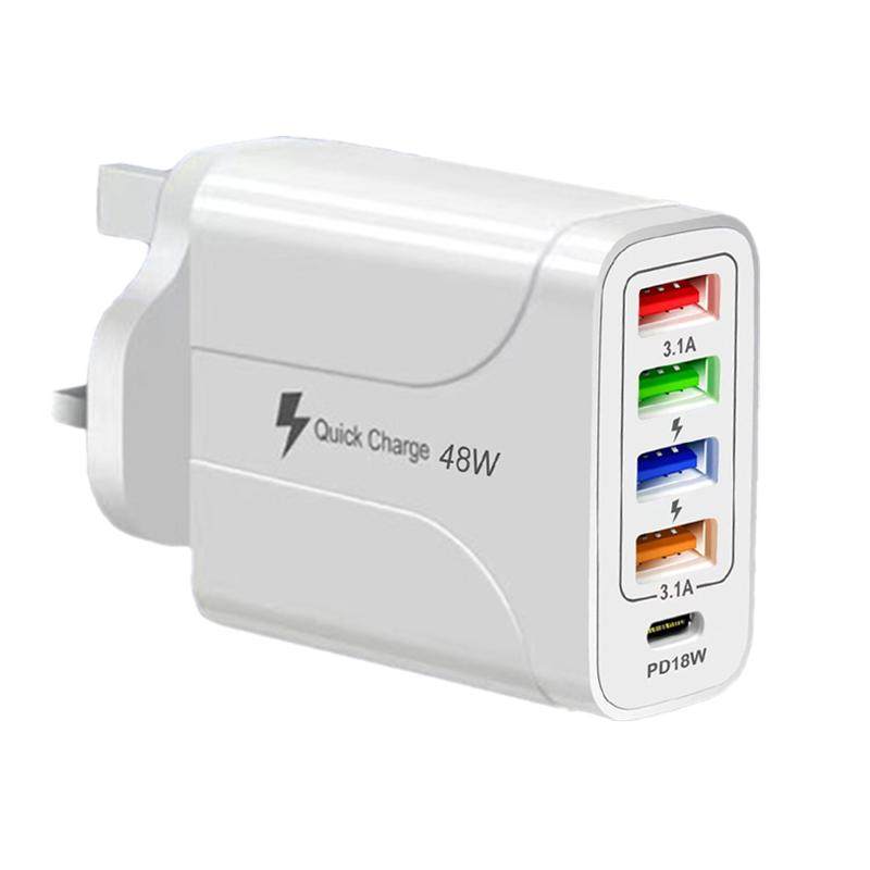 4USB+PD18W英规手机充电头欧规港版三角插头48W充电器适用苹果type-c小米5口接口非快充3.1A新加坡马来西