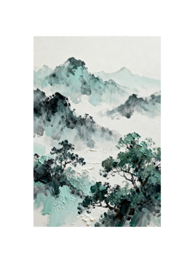 可班手绘油画新中式山水玄关挂画