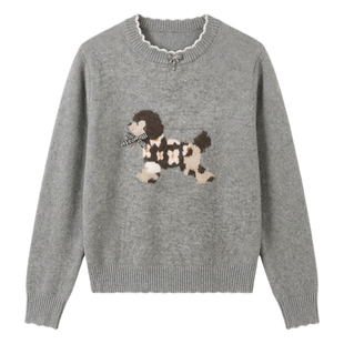 可爱小狗图案圆领针织衫2026春秋季灰色木耳边显瘦打底毛衣女内搭