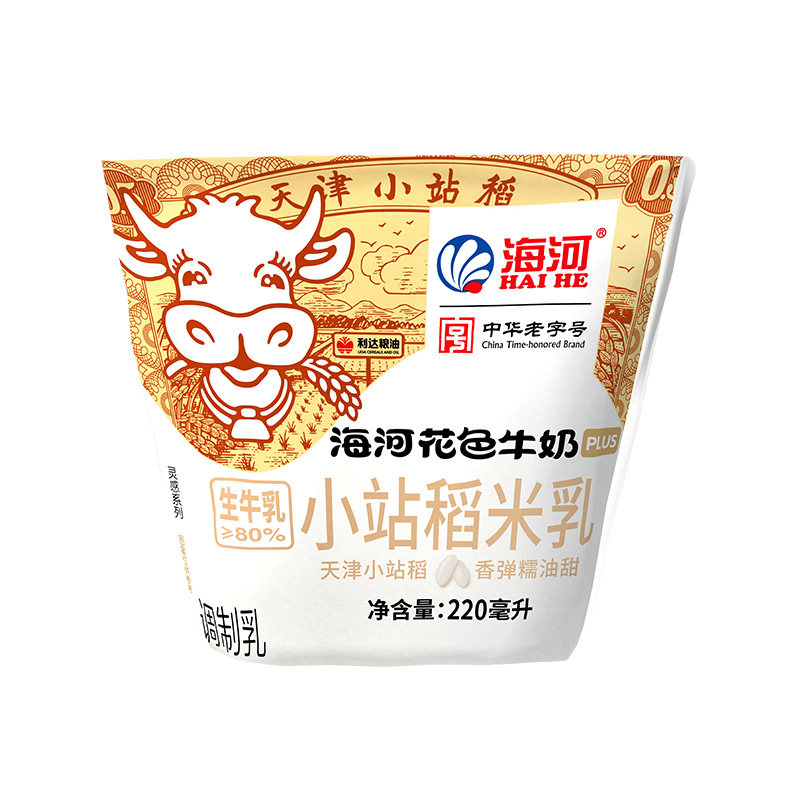 海河花色牛奶小站稻米乳220ml*10袋装生牛乳≥80%全脂牛奶调制乳