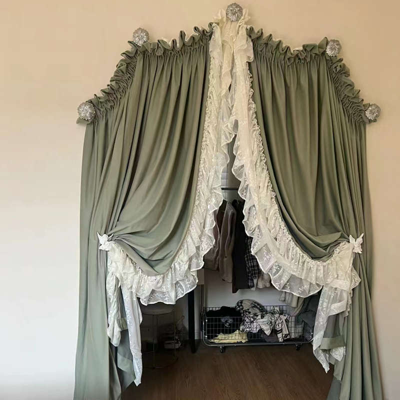复古穹顶式窗帘豆蔻绿客厅纯色丝绒布帘卧室美式法式浪漫洛可门帘