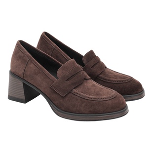 fed复古羊反绒粗跟厚底乐福鞋女一脚蹬气质圆头高跟深口通勤单鞋