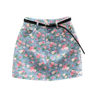 碎花高腰牛仔短裙女夏天新款时尚辣妹子印花减龄A字半身包臀裙潮