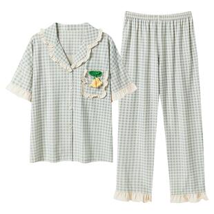 睡衣女款夏季纯棉2026年新款女士短袖长裤夏款格子家居服套装夏天