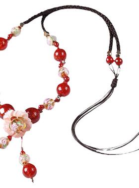 民族风红玛瑙项链女短款复古挂件