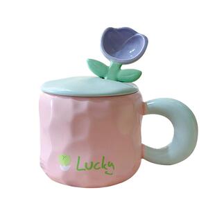 陶瓷花朵杯可爱少女立体马克杯手绘ins风高颜值早餐杯奶油风家用