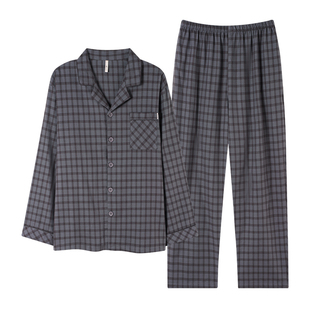 新一步纯棉开衫男款睡衣格子印花长裤长袖翻领可外穿家居服套装