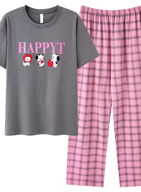 带胸垫睡衣女夏季弹力爽棉短袖长裤格子拉架纯棉家居服套装可外穿