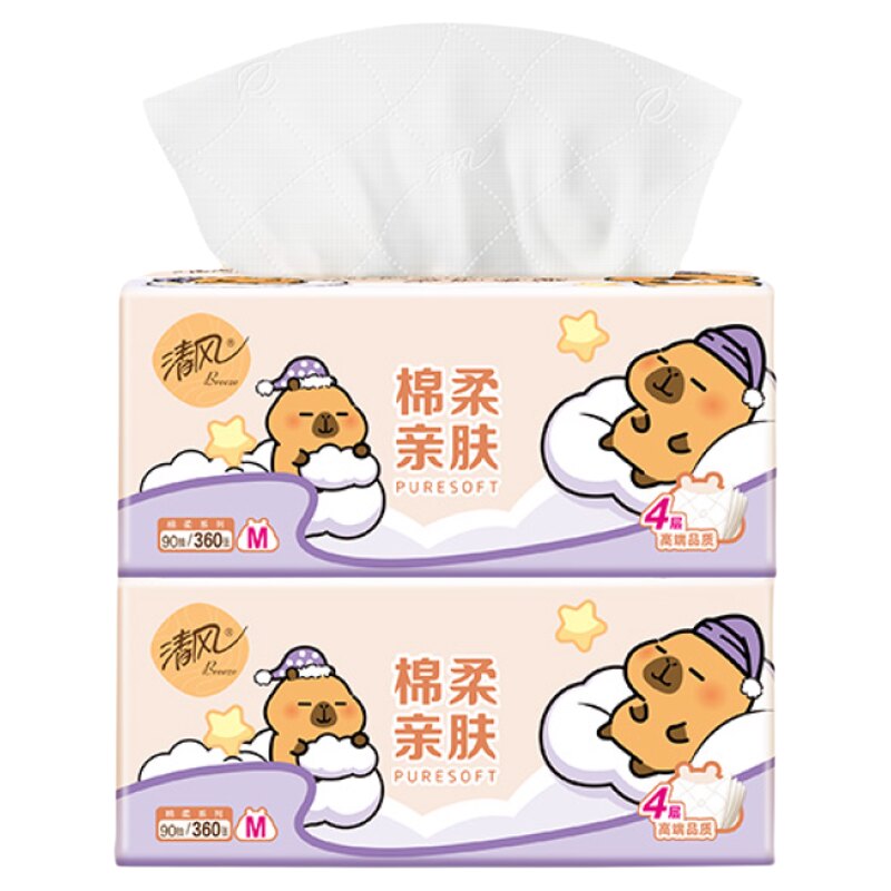 清风抽纸4层360张卡皮巴拉实惠装家庭用餐巾纸厕所卫生用纸一分钱