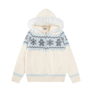 HTTAOSUP美式复古费尔岛毛领连帽毛衣男女宽松学院风情侣针织外套