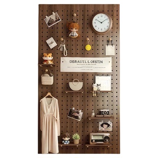 洞洞板实木置物架定制造型墙胡桃色入户玄关中古风墙上装饰展示架