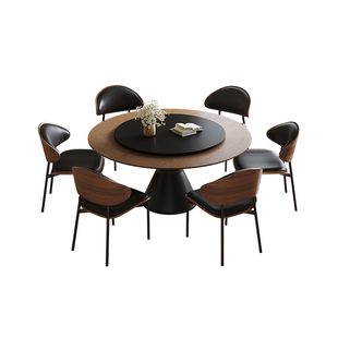 中古风实木圆桌家用小户型圆形桌子酒店胡桃色法式复古餐桌椅组合