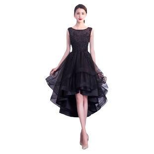 黑色晚礼服女宴会高贵气质名媛前短后长学生毕业派对小礼服连衣裙