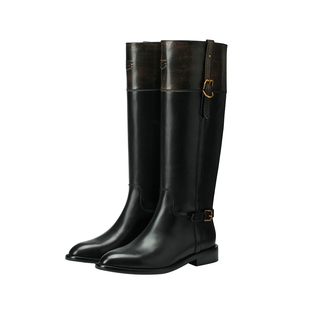 BREADTREE面包树 新款扣带装饰拼色马靴真皮尖头擦色时尚长靴