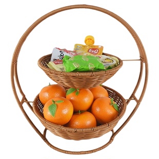 双层置物托架仿藤编织篮家用零食盘糖果点心托盘水果篮创意收纳筐