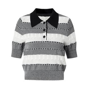 商场同款  摩萨克秋棉polo学院风黑白条纹短袖针织上衣女