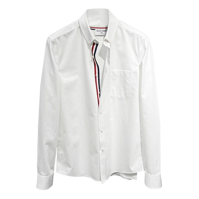 纽扣领三色织带免烫修身白色衬衫