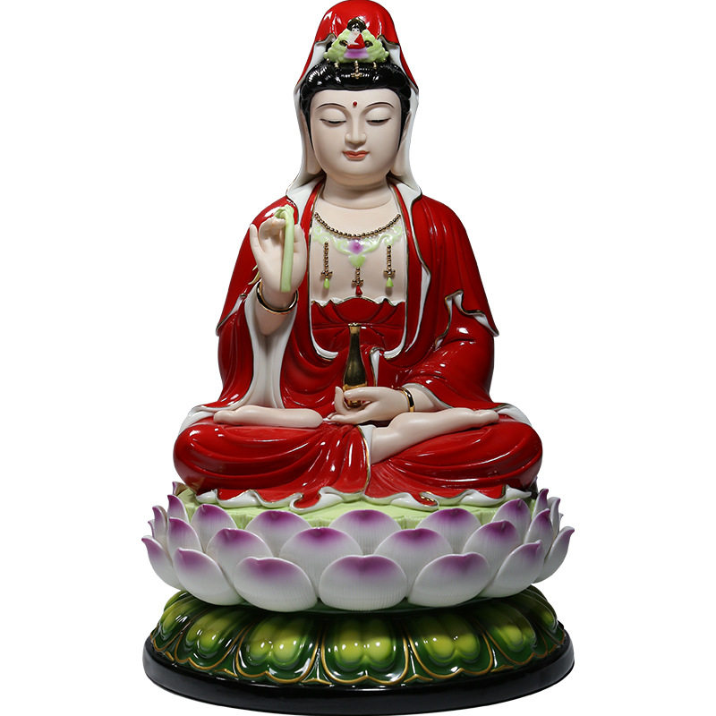 彩绘陶瓷供奉红色工艺品观音佛像