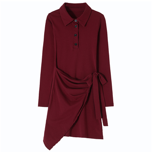 秋冬气质连衣裙性感加绒加厚裙子女绑带收腰修身不规则POLO包臀裙