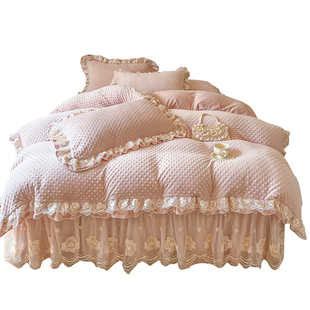 水星家纺牛奶绒四件套加厚保暖床裙款秋冬季高克重宝宝绒蕾丝被套