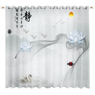 新中式国风荷花图窗帘定制山水墨画禅意风茶室阳台透光不透人纱帘
