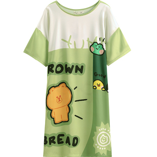 芬腾睡裙女夏季冰丝女款新款防螨短袖睡衣裙子可爱宽松大码家居服