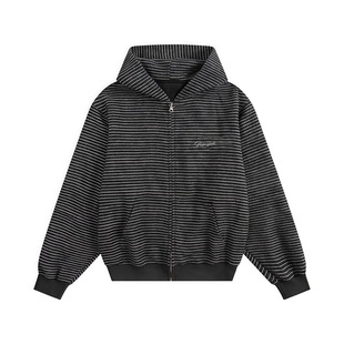 RASP美式毛呢拉链卫衣男女连帽衫秋冬季宽松休闲情侣条纹开衫外套