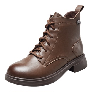 意尔康女鞋2025冬季皮鞋复古真皮休闲马丁靴粗跟英伦加绒保暖短靴