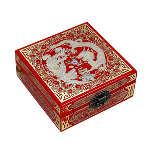 贝壳螺钿镶嵌首饰盒妆奁盒正方形木质中国风梳妆盒平遥漆器放彩礼