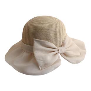 春夏新欧根纱大蝴蝶结草帽遮阳帽女可折叠蝴蝶结优雅草帽出游度假