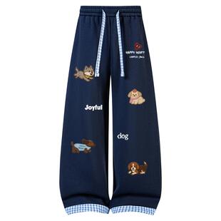 查尔斯桃心美式格纹小狗印花裤子男女春秋季宽松直筒垂感休闲长裤