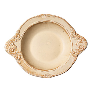 复古宫廷风粗陶草帽盘精致浮雕盘子家用双耳沙拉碗日式西餐牛排盘