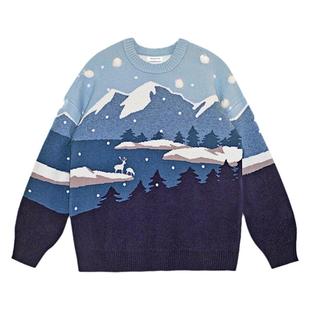 雪落 立体毛球雪山提花小鹿加厚宽松针织冬毛衣 山谷少年原创男装