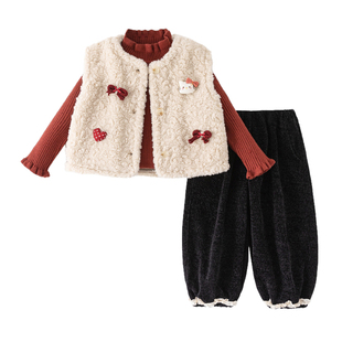 女童套装秋冬季2025新款儿童加厚马甲三件套小公主洋气女宝宝冬装