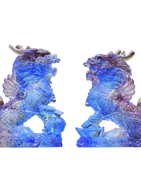 琉璃麒麟摆件蓝色公母一对祥瑞