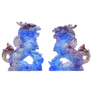琉璃麒麟摆件蓝色公母一对祥瑞神兽家居办公室工艺品国风高档好礼