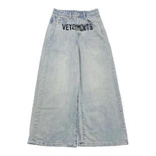 VET美式复古logo刺绣水洗浅蓝牛仔裤廓形直筒baggy Jeans阔腿长裤