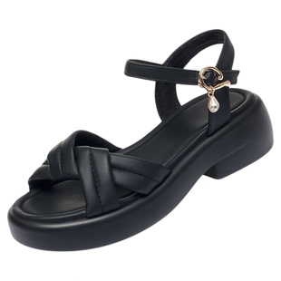 夏季新款超软厚底女凉鞋低跟松糕底轻便舒适百搭一字带甜美凉鞋