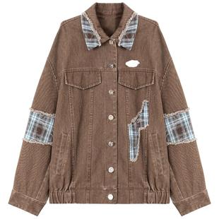 KEIKO 日系复古棕色牛仔外套女2026早春穿搭拼色廓形翻领水洗夹克