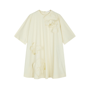 JNBY/江南布衣夏季连衣裙立体花卉造型宽松短袖H型棉感轻礼服裙