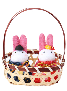 日本手工竹篮小兔子摆件日式和风