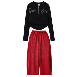 儿童爵士舞潮服女童时髦露脐上衣红色长裤jazz街舞韩舞走秀演出服