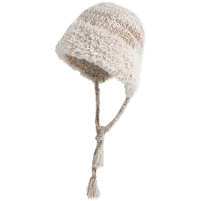 卡蒙飘带护耳针织帽女士保暖毛线帽大头毛绒冬帽子2025新款显脸小