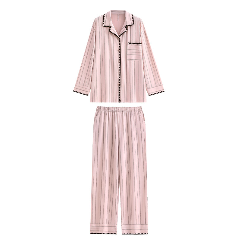 悦内睡衣女士秋季春款纯棉长袖大码家居服时尚休闲粉色条纹可外穿