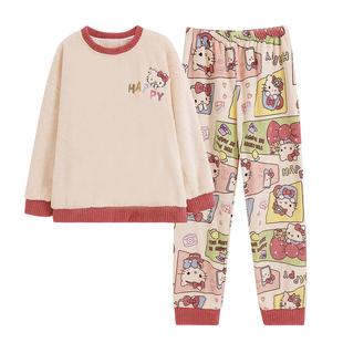 珊瑚绒睡衣女秋冬季2025新款kt猫可爱卡通少女法兰绒加绒加厚套装