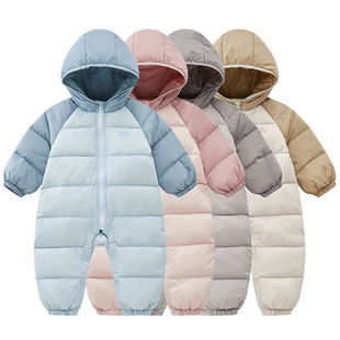 拉比婴儿羽绒连帽连体衣2025冬季新款男女宝宝保暖长袖哈衣爬爬服