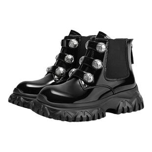 MIO米奥年冬季时尚潮流加绒马丁靴酷飒圆头显高短筒百搭女靴