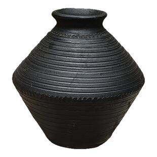 手工粗陶极简黑色螺旋花盆花瓶土陶罐中式古法制造水培插干花微瑕